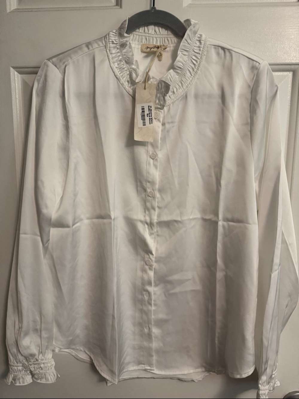 Mystree White Ruffled-Neck Button Front Blouse